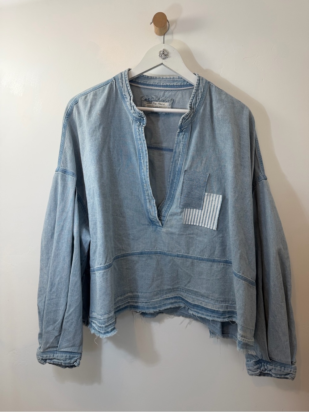 Free People Light Blue Washed Denim Pullover with Patches